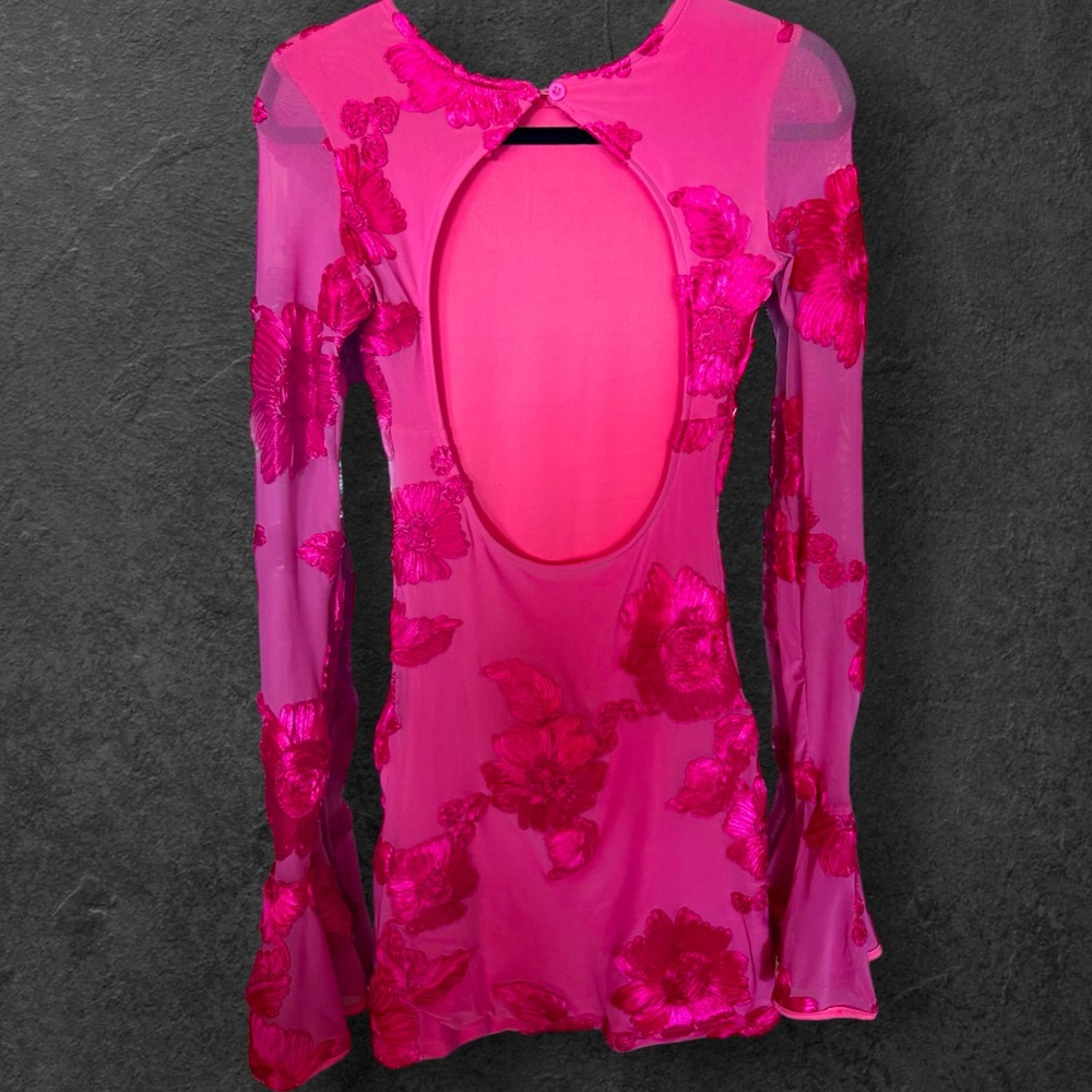 Limited Fuchsia Satin Pink 3D Inlay Bodycon Fit & Flare Mini Dress - Picture 3 of 3